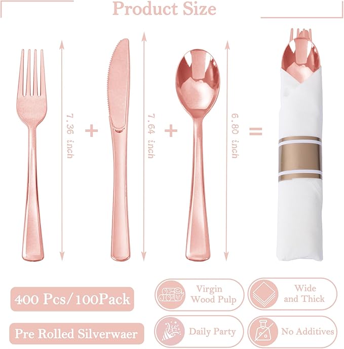 Supernal 100 Pack Rose Gold Plastic Silverware, Wrapped Silverware Set Disposable, Wrapped Plastic Cutlery Set with Napkin, Rose Gold Disposable Cutlery Set for Wedding, Party, Birthday
