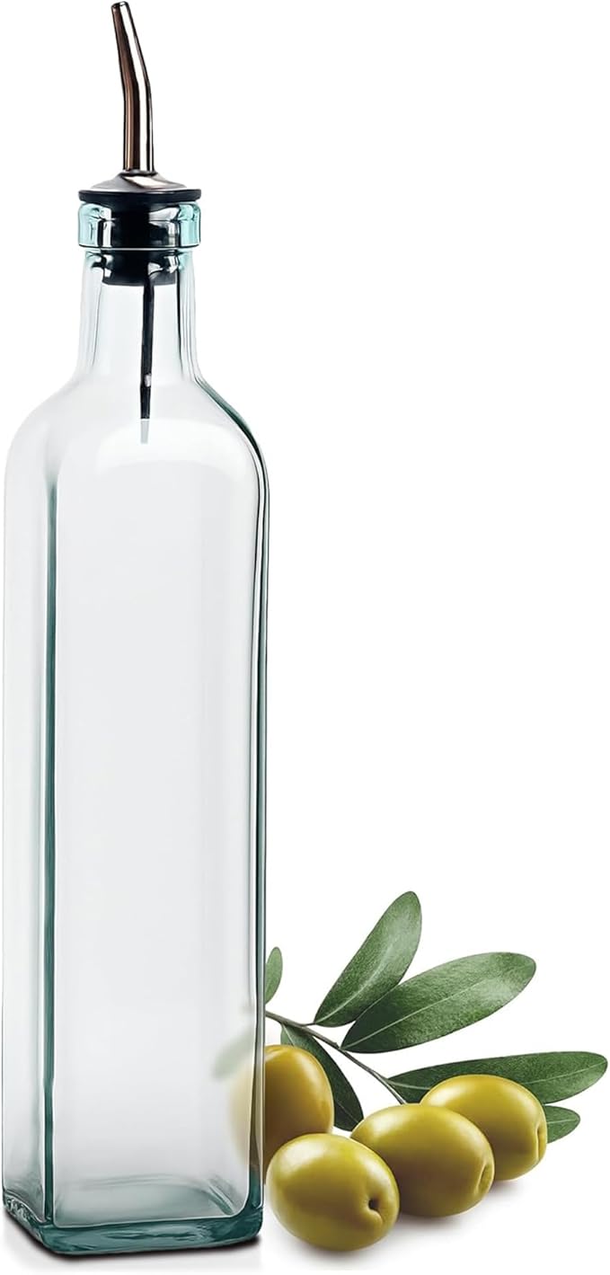 EHOMEA2Z Italian Glass Olive Oil Dispenser Bottle - 16 Oz, Oil and Vinegar Cruet with Stainless Steel Spout for Kitchen, Slight Green Tint (1, 473ml)