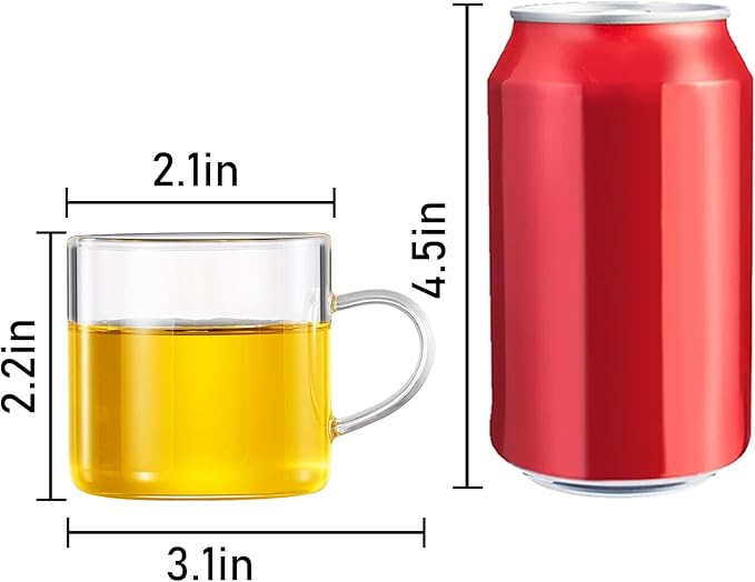 PARACITY Glass Tea Cups Set of 2, 4.3oz Clear High Borosilicate Glass Teacups with Handle, DIshwasher Safe Tea Cup for Espresso Cappuccino Latte Juice