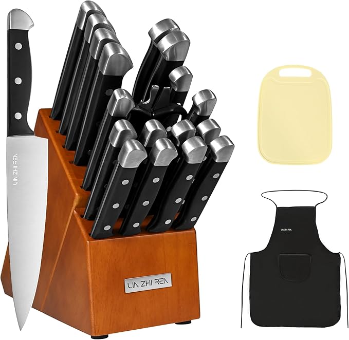 Knife Sets for Kitchen with Block, 22 Pieces Kitchen Knives with Built-in Sharpener with Cutting Board and Apron, Non-Slip Handles, Dishwasher Safe