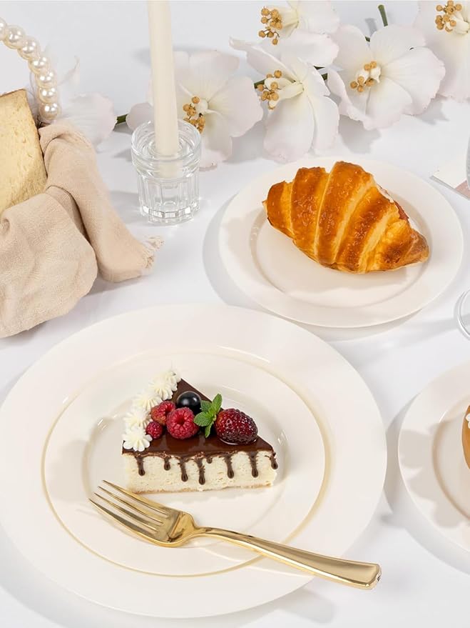 WDF 200PCS Ivory Plastic Plates - Elegant Ivory Disposable Plates for Party- Include 100 Dinner Plate 10inch and 100 Plastic Dessert Plate 7inch Perfect for Party Baby Shower Wedding Spring
