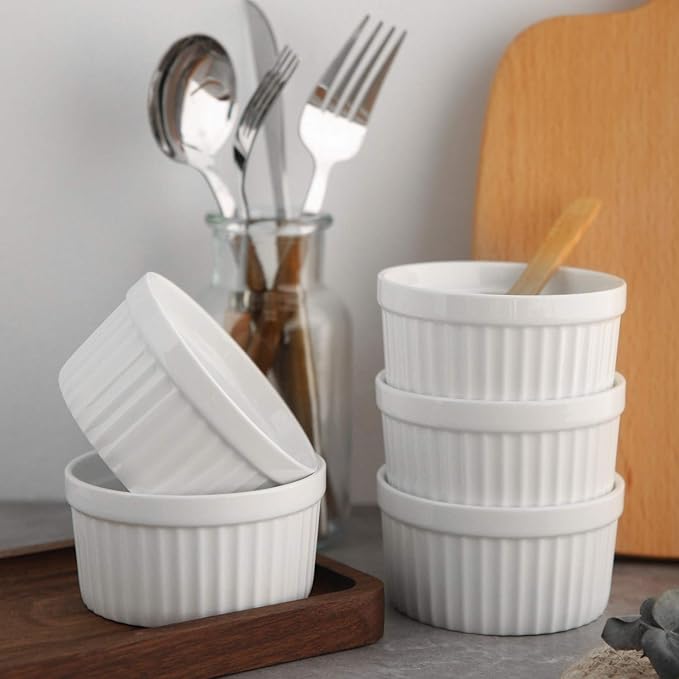 Porcelain Ramekins 4 oz Oven Safe, Small Souffle Dishes for Creme Brulee, Ice Cream, Dipping and Sauces Cup, Ceramic White Mini Baking Bowls Set of 6