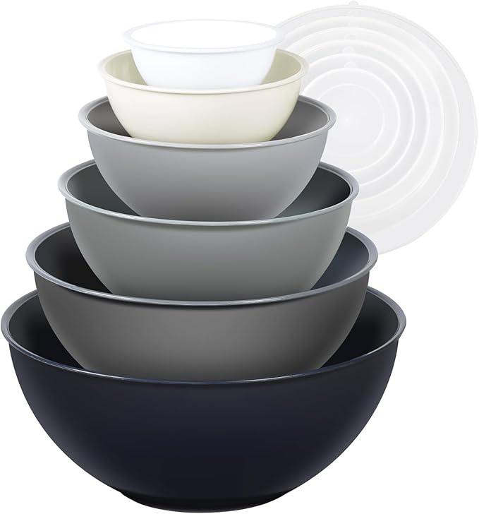 5-Piece Plastic Mixing Bowls with Lids Set for Kitchen, Nesting Bowls for Mixing, Baking, Prepping, Cooking and Serving Food, Mixing Bowls Dishwasher, Microwave Safe (Gray)