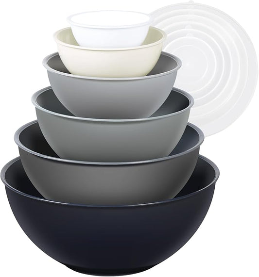 5-Piece Plastic Mixing Bowls with Lids Set for Kitchen, Nesting Bowls for Mixing, Baking, Prepping, Cooking and Serving Food, Mixing Bowls Dishwasher, Microwave Safe (Gray)