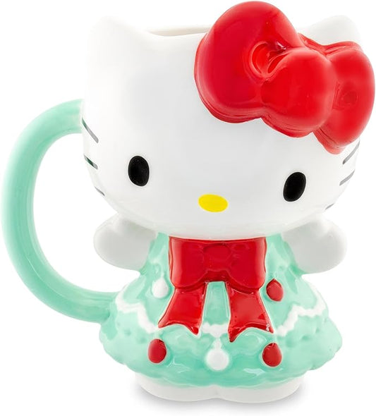 Silver Buffalo Sanrio Hello Kitty Holiday Christmas Tree Dress 3D Sculpted Ceramic Mug, 20 Ounces