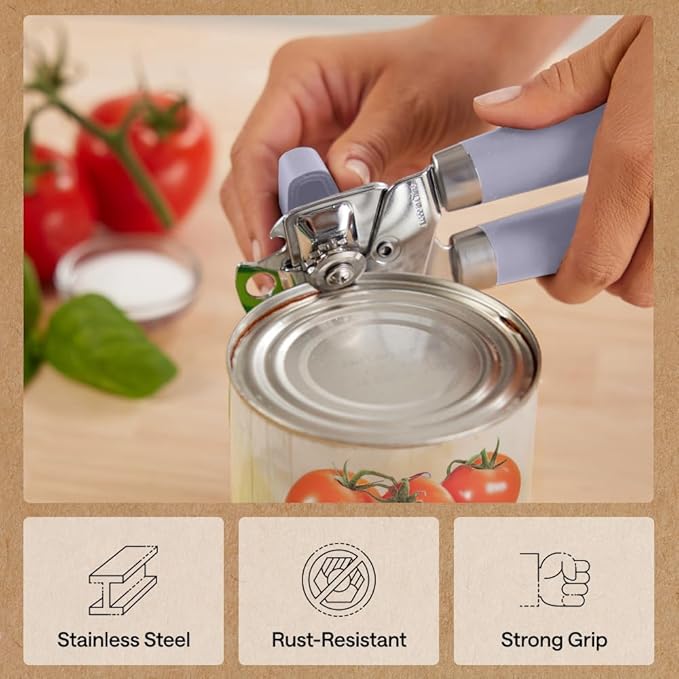 GORILLA GRIP Heavy Duty Stainless Steel Smooth Edge Manual Can Opener and Bottle Openers, Soft Comfortable Handle, Oversized Handheld Turn Knob, US Designed Multifunctional Kitchen Tool, Lavender