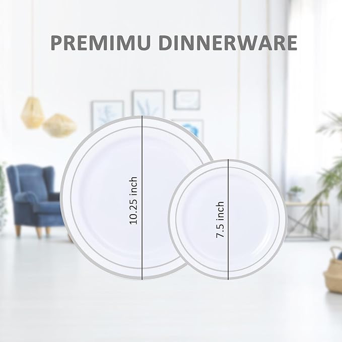 Silver Plastic Plates, MCIRCO 100 Pcs Disposable Party Plates for Weddings, Premium Silver Rim Plates, Include 50 10.25 Inch Dinner Plates and 50 7.5 Inch Dessert Appetizer Plates
