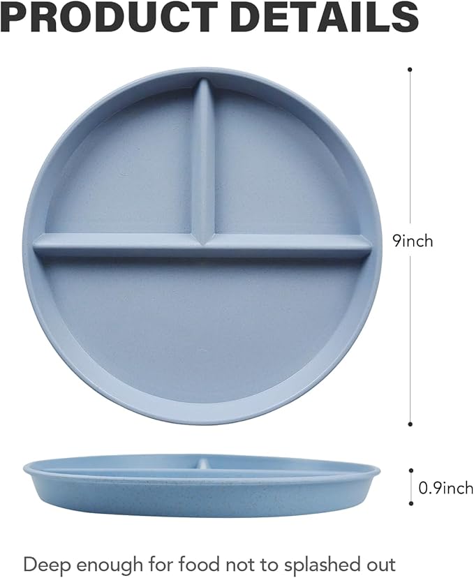 greenandlife 9 Inch 4PCS Unbreakable Portion Control Plates, Divided Plates for Kids Adults, Dishwasher & Microwave Safe Compartment Plate, Lightweight Reusable Wheat Straw Plate, BPA Free