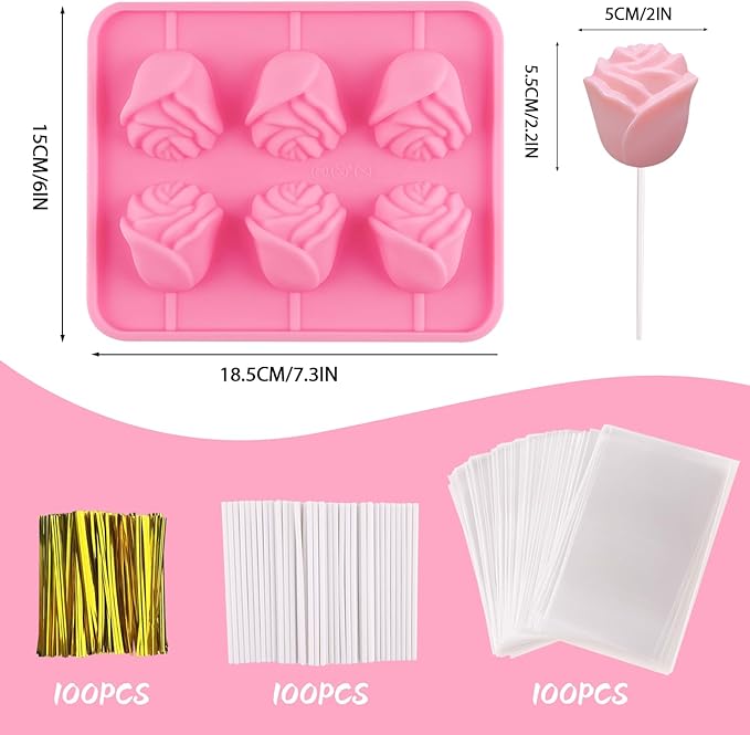 Rose Cake Pop Mold Kit 2 Pack Rose Lollipop Mold Flower Sucker Molds Flower Lollipop Baking Molds Tray with 300pcs Lollypop Sucker Sticks and Bags for Chocolate Jelly Hard Candy Cake Cupcake