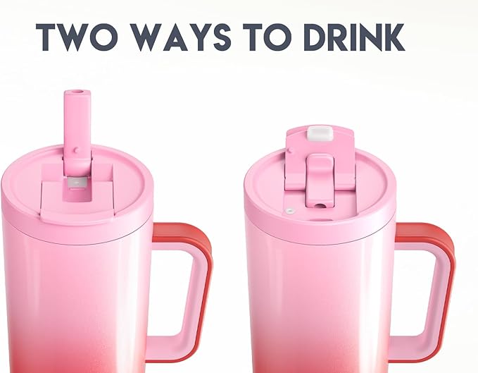 Meoky 40 oz Tumbler with Handle and Flip Straw, 100% Leakproof Tumbler with Lid and Straw, Stainless Steel Insulated Cup, Cupholder Friendly, Keeps Cold for 34 Hours (Flamingo)