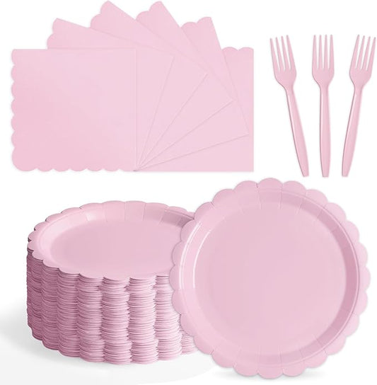 105PCS Paper Plates and Napkins Set,7 Inch Scalloped Disposable Tableware with Forks for Birthdays, Garden Parties & Outdoor Events,Serves 35 (Light Pink)