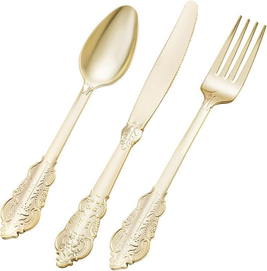 300PCS Gold Plastic Silverware for 100 Guests, Heavy Duty Gold Disposable Utensils Sets, Includes 100 Forks, 100 Spoons, 100 Knives, Elegant Cutlery Perfect for Wedding, Party