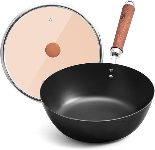 WANGYUANJI Small Carbon Steel Wok with Glass Lid (10.24"), 10 Inch Compact Stir Fry Pan for One Person, Thickened Deep Iron Skillet for Induction & Electric Stove, Flat Bottom Nitrided Wok, Black