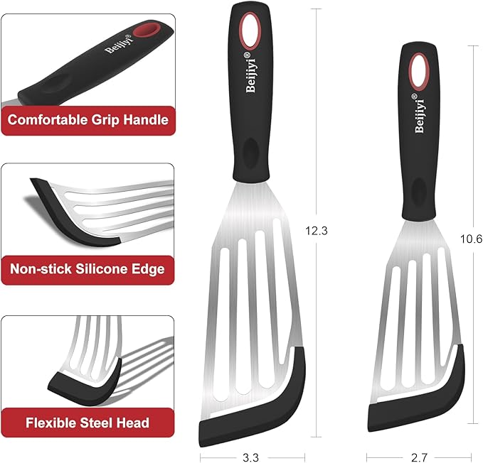 Beijiyi Fish Spatula Turner Set of 2, Heat Resistant Silicone Edge Slotted Fish Spatulas for Nonstick Cookware, Flexible and Thin Stainless Steel Kitchen Cooking Spatula Flipper for Fish, Egg, Pancake