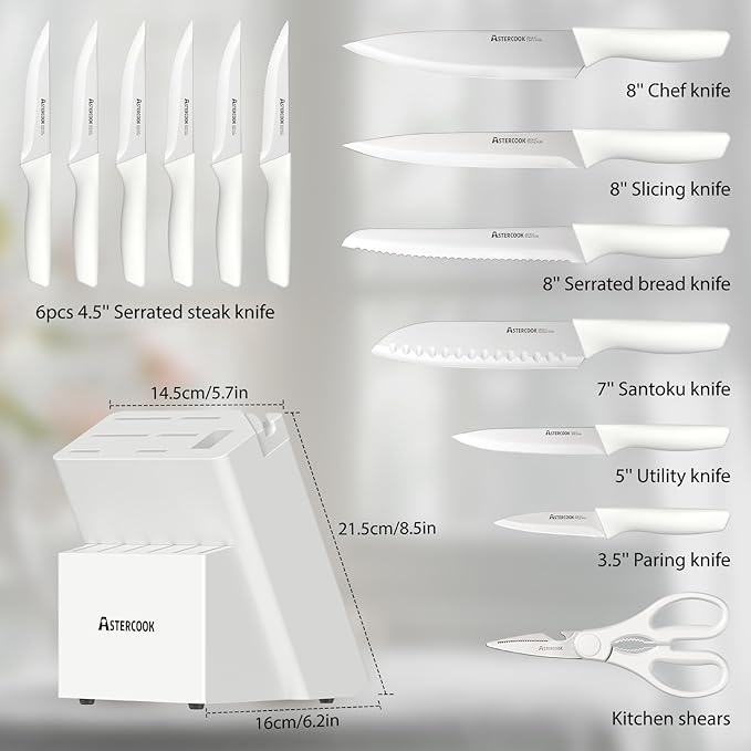 Astercook Knife Set for Kitchen 15 Piece with Block and Sharpener Kitchen Knives with Ceramic Coating Sharp Blade Dishwasher Safe Deba Knives with Anti-slip Ergonomic Handle, Elegant White
