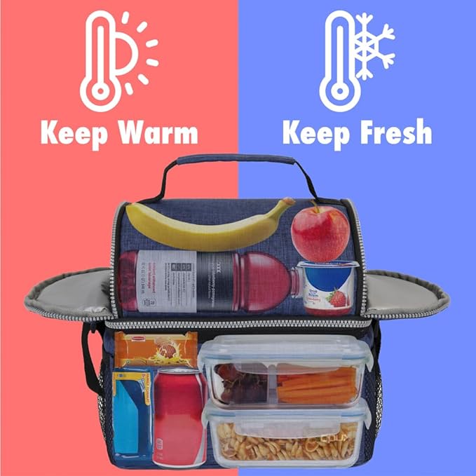 OPUX Lunch Box for Men, Adult Lunch Box Cooler, Insulated Lunch Bag Women, Dual Compartment Lunchbox for Work, Leakproof Double Decker Lunch Bag, Soft Lunch Pail Tote Boys Girls Kids School, Navy Blue