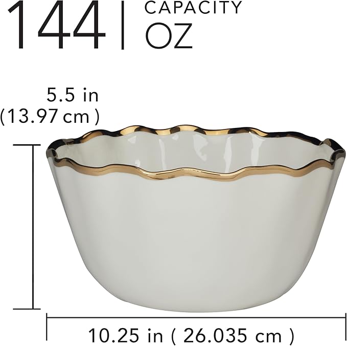 Regency Gold Porcelain Deep Bowl with Scalloped Edges & Metallic Gold Rim, 10.25x5.5in 144 oz, Elegant Serving Bowl for Salads, Pasta, Side Dishes, Durable Dinnerware for Holiday Gatherings & Everyday