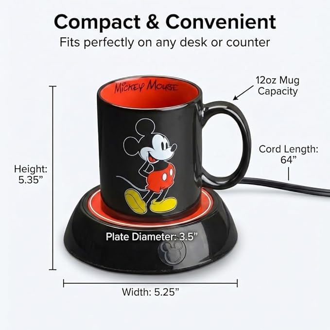Disney Mickey Mouse Mug Warmer with 12 oz Mug by Select Brands - Coffee Cup Warmer with Ceramic Mug Included - Electric Warmer Plate for Home & Office - Disney Kitchen Accessories - Mickey Mouse