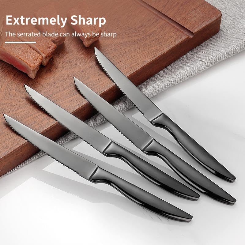 Black Steak Knives Set of 6, Stainless Steel Serrated Kitchen Steak Knives