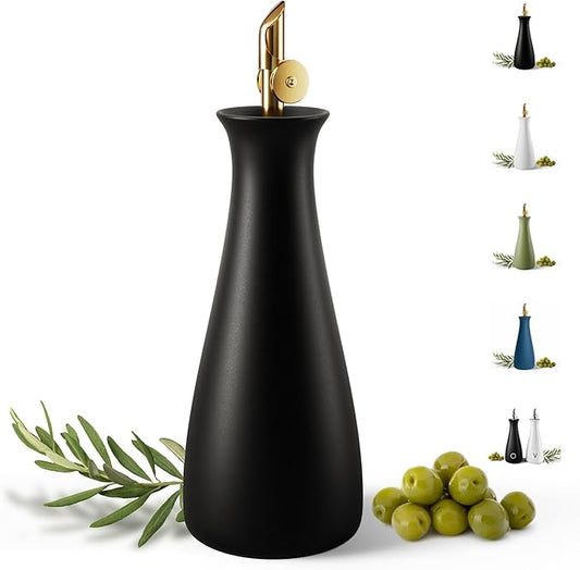 HB Design Co. Ceramic Olive Oil Dispenser with Self-Closing Gold Spout - 530 ML Capacity Matte White Ceramic Oil Dispenser for Kitchen - Leak Proof EVOO Dispensing Bottle