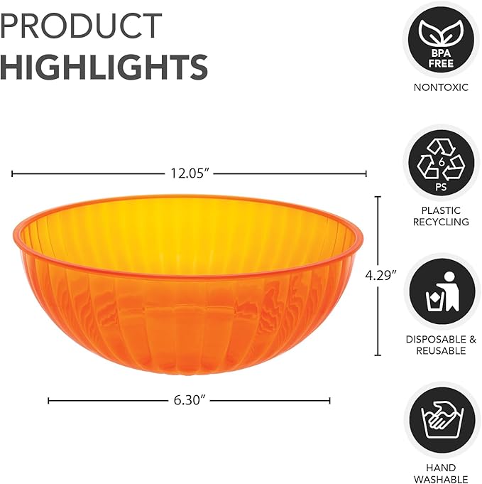Party Essentials Hard Plastic 192 OZ./6 QT/1.5 Gallon Large Serving Bowls For Punch/Salad/Snack/Treat/Fruit, 3-Count, Neon Orange