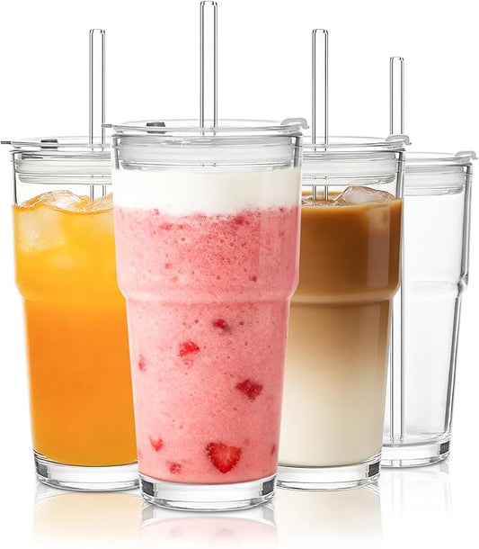 20oz Glass Tumbler with Lid and Glass Straw –Set of 4, Clear Reusable Iced Coffee Cup, Drinking Glass for Coffee, Tea, Juice, Smoothies – Durable & Elegant Glassware