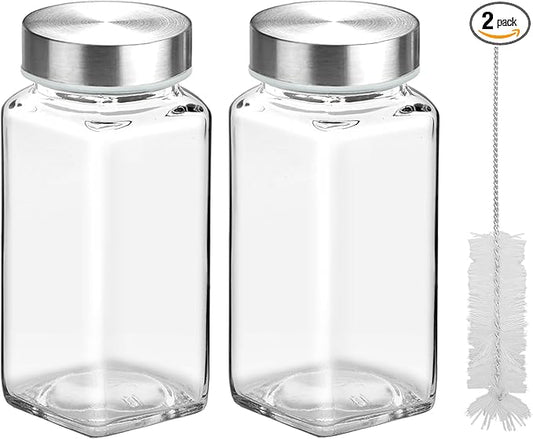 2Pcs 4oz Glass Spice Jars with Shaker Lids, Spice Jars Trial Set & Supplement Set, Empty Spice Containers and Square Spice Bottles for Kitchen (304 Stainless steel Lids)
