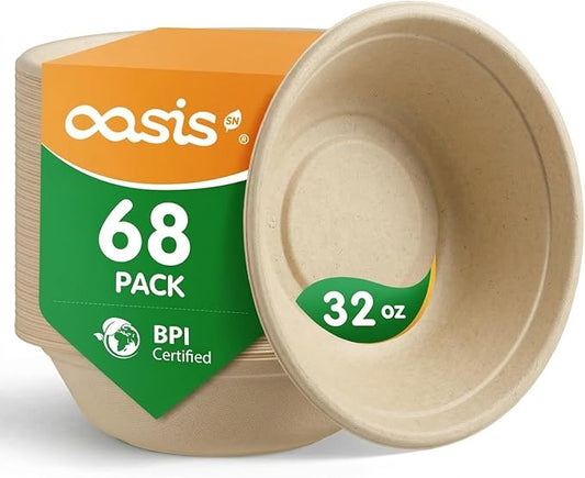 32 oz 68-Pack Large Compostable Paper Bowls, Disposable Meal Prep & Takeout Bowls, Heavy-Duty Bagasse Bowls for Ramen, Salad & Large Portions, Microwave & Freezer Safe, Eco-Friendly(Natural)