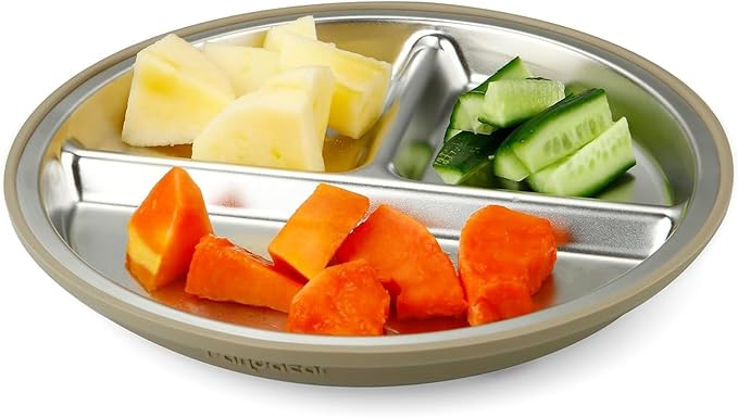 PandaEar 3 Pack Stainless Steel Baby Suction Plates, Divided Toddler Plate for Baby Led Weaning Supplies, Non-Slip Toddler Baby Feeding Set Dishwasher Safe (Linen/Brown/Tan)