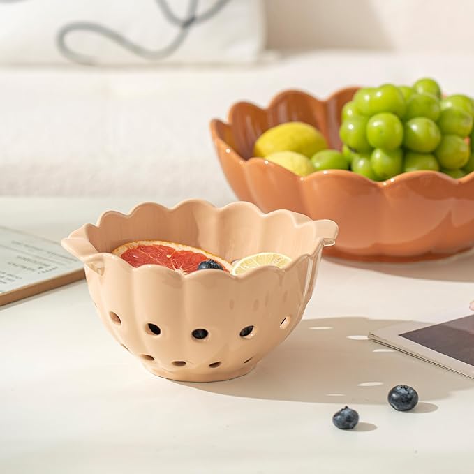 Small Ceramic Fruit Bowl,Scallop Stoneware Colander with Handles,Round Colorful Berry Basket,Fruit Container for Strawberry &Food Strainer,Soft Pink