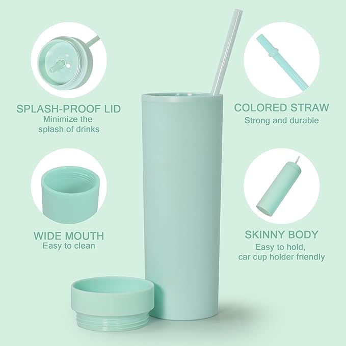 sweet grain Skinny Tumblers with Lids and Straws(6 Pack) - 16oz Matte Pastel Colored Skinny Acrylic Tumblers, Double Wall Plastic Tall Skinny Tumblers Bulk for Cold Hot Drinks - Mint Green