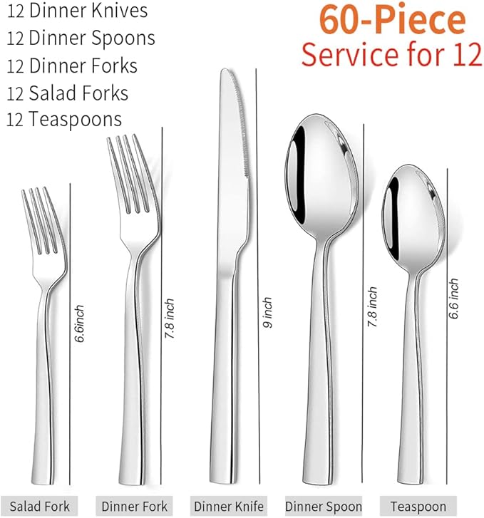 Silverware Set for 12, CXJY 60-Piece Stainless Steel Flatware Cutlery Set, Square Edge Kitchen Utensil Include Knives/Forks/Spoons, Tableware for Home/Hotel, Mirror Polished Dishwasher Safe