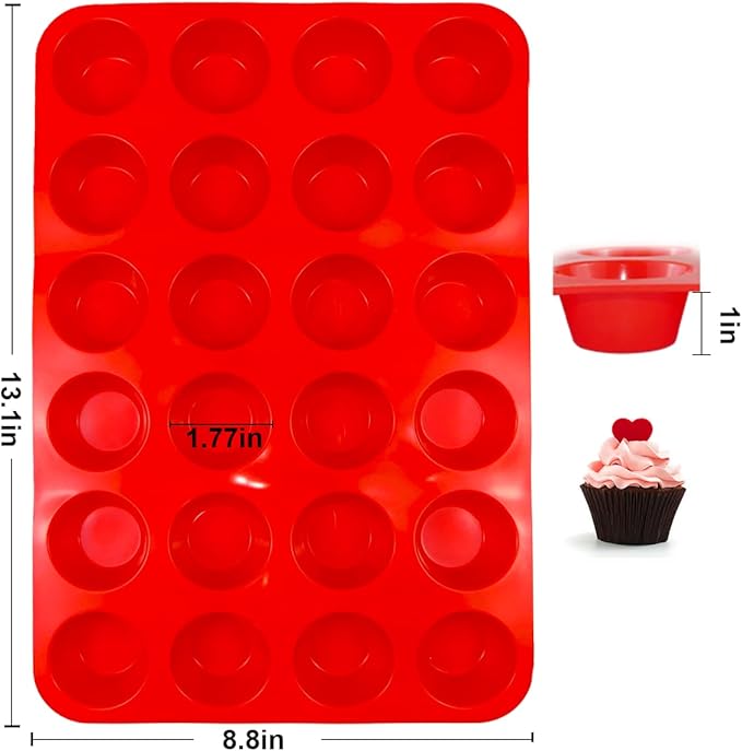 2 Pack Silicone Mini Muffin Pan, Non-Stick 24 Cups Cupcake Pan, BPA Free and Dishwasher Safe, Perfect for Making Muffin Cakes, Tart, Bread（Red）