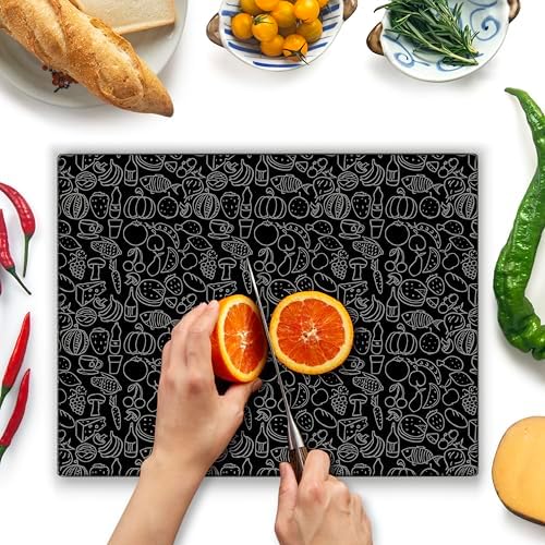 Kitchenville Glass Cutting Board 16"x12": Tempered Glass Kitchen Counter Protector - Durable- Scratch-Resistant, Heat-Proof - Design 4 - Black Design