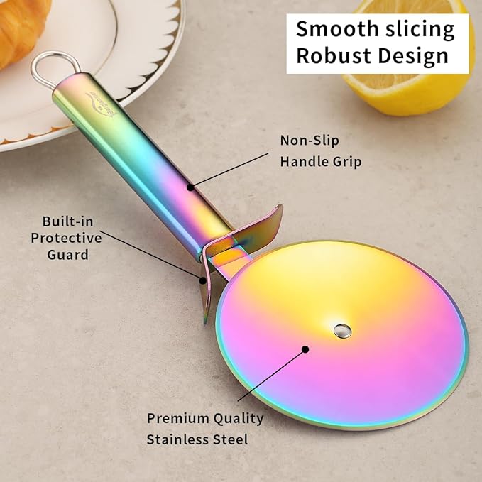 Berglander Pizza Wheel, Rainbow Titanium Plating Stainless Steel Pizza Cutter, Super Sharp Pizza Slicer With Titanium Colorful Plating, Pastry Cutter, Easy to Clean And Stored
