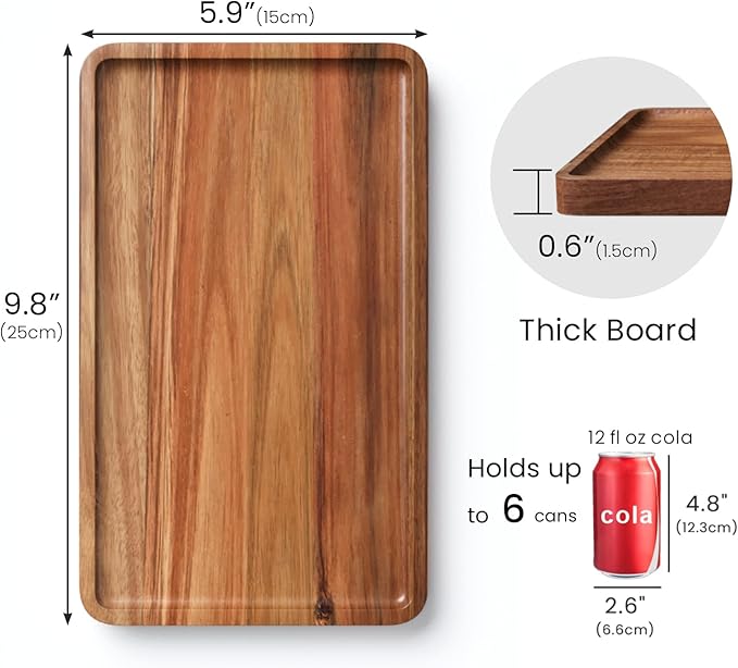 2 Pack Acacia Wood Serving Tray,9.8x5.9 Inch Decorative Trays Platter for Coffee Table,Living Room,Bar,Party,Mini Charcuterie Boards Cheese Board,Home Decor