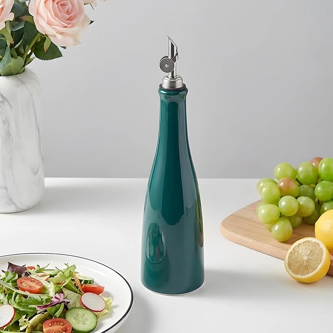 YOLIFE Olive Oil Dispenser Bottle, 16oz Ceramic Oil Dispenser for Kitchen, Oil Bottle with Gravity Spout, Leak Proof EVOO Dispensing Bottle with 2 Spouts and 1 Funnel for Vinegar, Juice(Green)