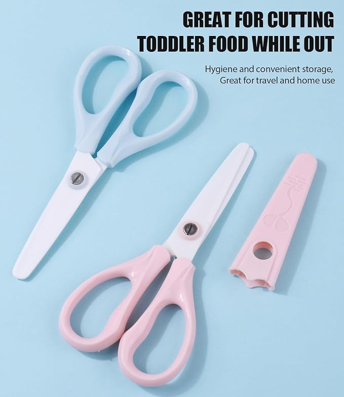 Baby Food Scissors Kicthen Shears - Portable Healthy Cute Kids Ceramic Scissors with Storage Case - Ideal for Cutting Meat, Chicken, Vegetables, and Fruits (Blue)