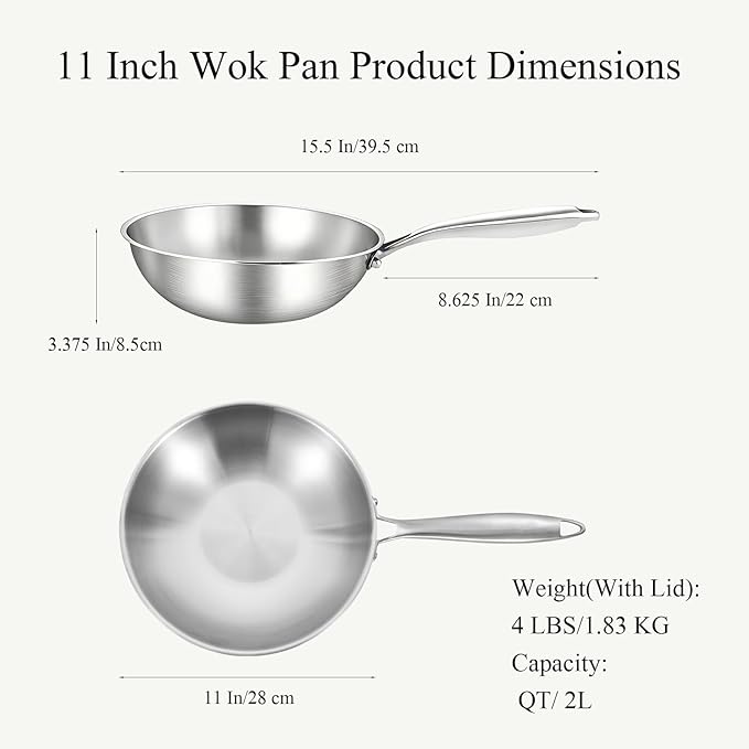 Inqibee 11 Inch Stainless Steel Wok Pan with Lid, Tri-ply Stainless Steel Frying Pan, Stir-Fry Pans & PFOA-Free Woks, Induction Compatible, PFOA Free, Dishwasher & Oven Safe