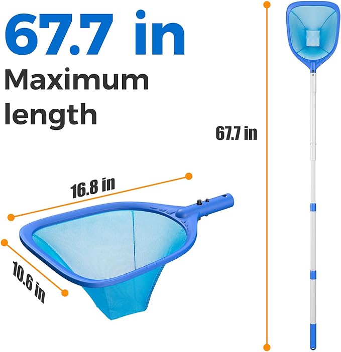 Swimming Pool Skimmer Net Total Length 67.7 inches, Leaf Rake Net with Adjustable Aluminum Pole for Fast Cleaning Ponds, Hot Tub, and Spas, Pool Cleaner Supplies and Accessories