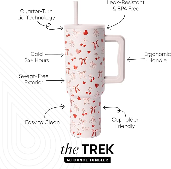Simple Modern Disney 40 oz Tumbler with Handle and Straw Lid | Insulated Reusable Stainless Steel Water Bottle Travel Mug | Gifts for Women Men Him Her | Trek Collection | Minnie Mouse Valentine's