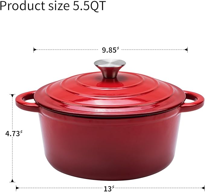 5.5QT Enameled Cast Iron Dutch Oven Pot with Lid,Heavy-Duty Cookware for Sourdough Bread Baking,Braising,Stews,Roasting,Oven Safe up to 500°F,RED