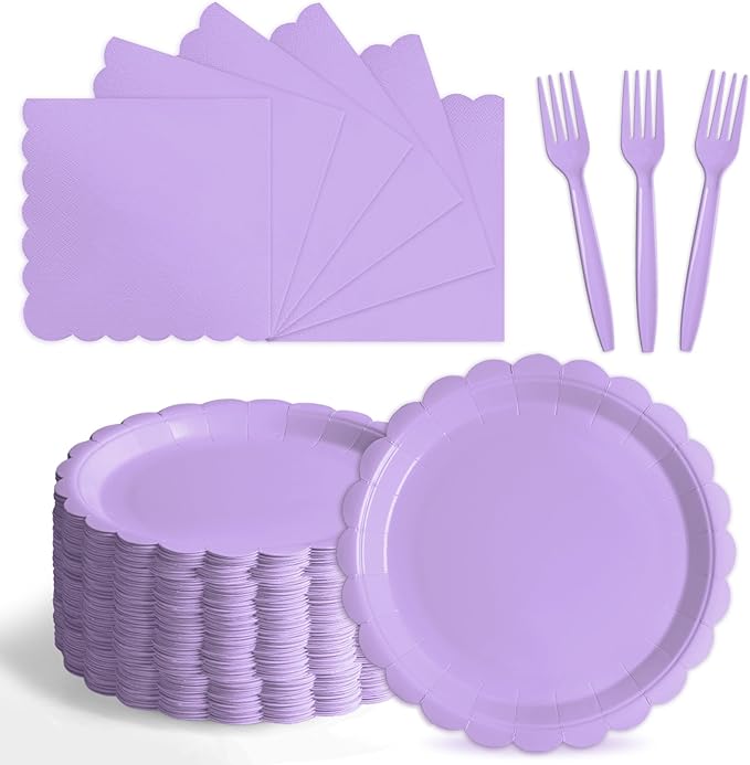 105PCS Paper Plates and Napkins Set,7 Inch Scalloped Disposable Tableware with Forks for Birthdays, Garden Parties & Outdoor Events,Serves 35 (Light Purple)