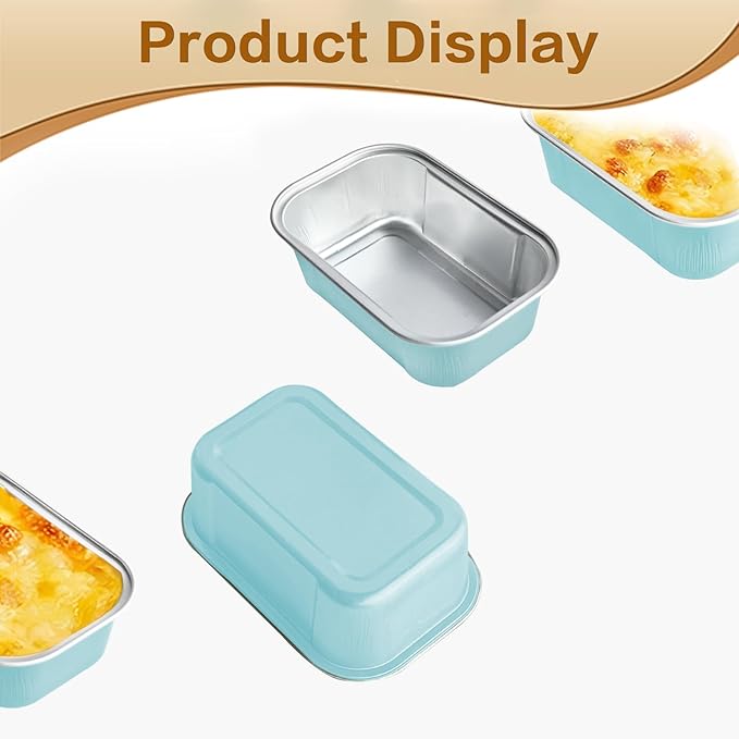 Mini Cake Pans With Lids And Spoons,5.5 oz Rectangle Mini individual Loaf Pans Disposable Aluminum Foil Small Baking Cups Tins (200, Wathet)