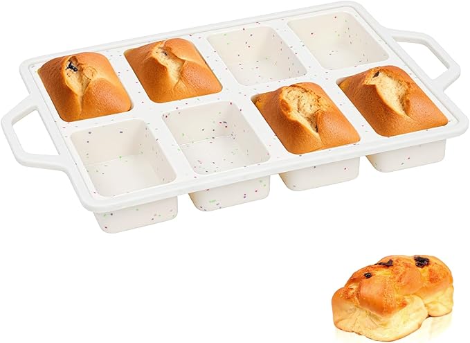 SJ Silicone Mini Loaf Pans with Metal Reinforced Frame-1 Pack, Non-stick Silicone Mini Bread Loaf Pans for Baking 8-Cavity, Tiny Banana Bread Set, Dishwasher Safe Brownie Pan-Cream