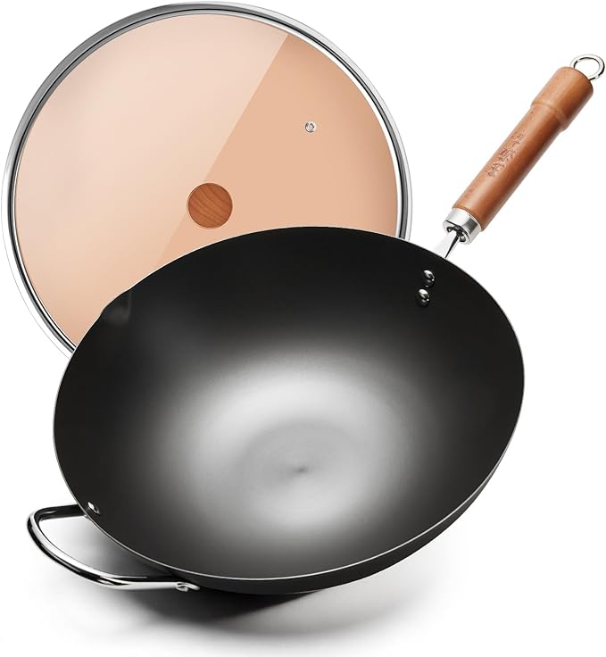 WANGYUANJI Iron Wok,12.59 inch Woks for Stir-fry, Chinese Stir Fry Pan Uncoated, Traditional Flat Bottom Iron Pot for Induction, Electric, Gas, Suitable for All Stoves(Pure Iron Wok)
