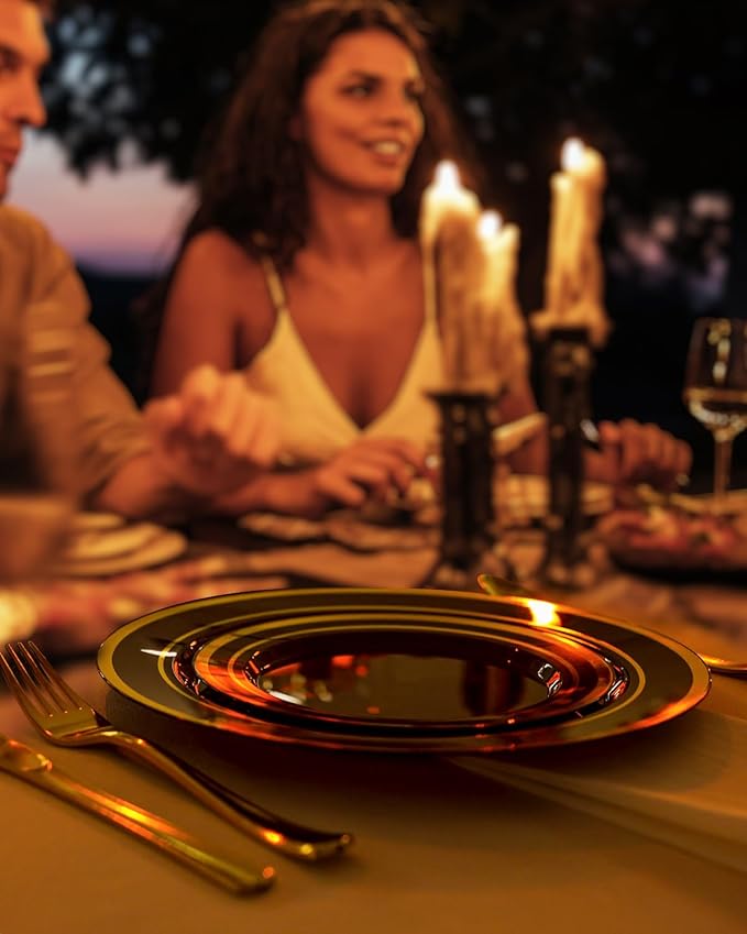 BESTSTAR 100PCS Black Plastic Plates Set with Gold Rim, 50 10.25 inch Dinner Plates and 50 7.5 inch Dessert Plates, Premium Disposable Plates forfor Party, Wedding, Holiday