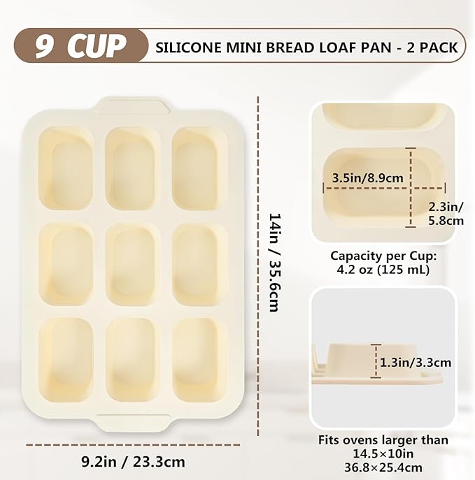 Nonstick Silicone Mini Loaf Pans: 9-Cavity Small Banana Bread Loaf Pans for Baking Cornbread with Metal Frame - Mini Meatloaf Tin for Oven - Brownie Tray for Baker Baking Lover (Beige & Mint Green)