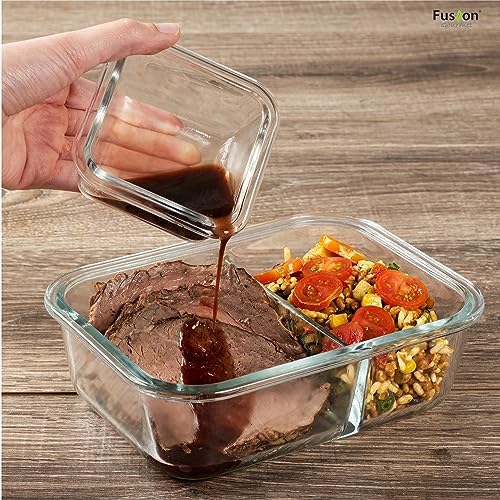 Fusion Gourmet - Glass Prep Containers - 8 Pack 2 Compartment 33 oz