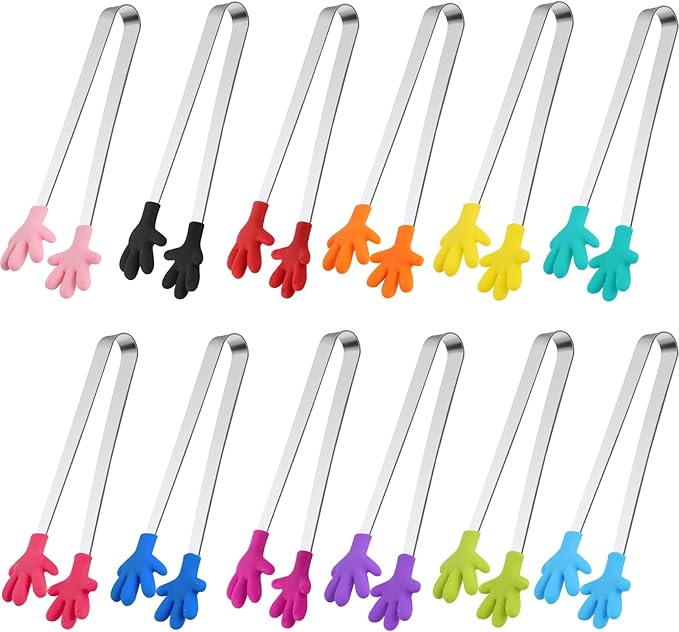 Shindel 12PCS Mini Tongs, 5.1 Inch Silicone Small Tongs for Kids, Funny Kitchen Serving Gadgets for Christmas Candy, Appetizers, Ice Cube, Fruits, Dessert, Great for Fine Motor, Sensory Coordination